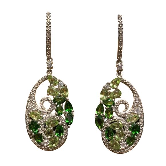 STS Sterling Silver, Chrome Diopside, Peridot and CZ Earrings Dangle Made India - Picture 2 of 6